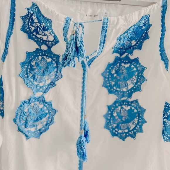 Line + Dot Boho White Beach Cover-Up Blue Embroidery Tassel Tie XS - Picture 2 of 15